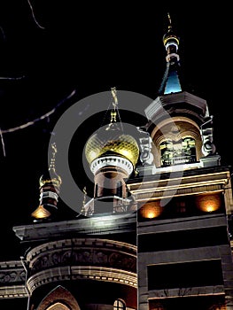 view of the church on a frosty winter night, the domes shine gold in the dark night sky