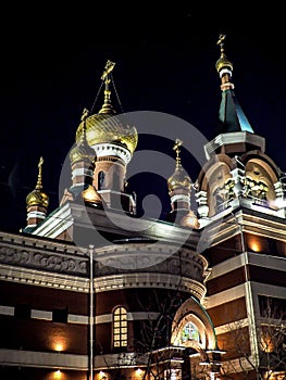 view of the church on a frosty winter night, the domes shine gold in the dark night sky