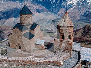 View of the church in Georgia near Mount Kazbegi photo