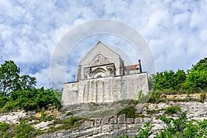 View of the church at Hojerup on top of the white chalkstone cliffs of Stevns Klint