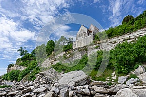 View of the church at Hojerup on top of the white chalkstone cliffs of Stevns Klint photo