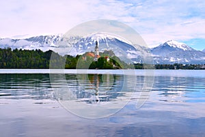 View of the church on island at Bled lake in Gorenjska, Slovenia photo