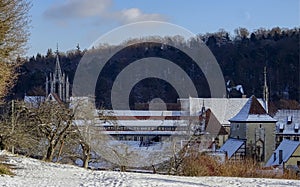 View of an old monastery at the edge of a forest