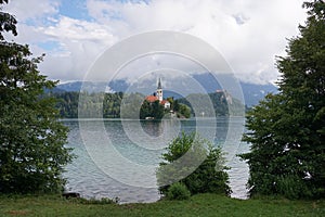 View on the Church of the Mother of God on the Island of Lake Bled