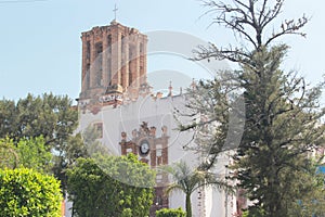 View of church with oblique and colonial windows in pueblo Zimapan Hidalgo Mexico