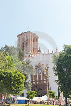 View of church with oblique and colonial windows in pueblo Zimapan Hidalgo Mexico