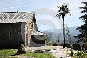 Beautiful view of church, palm tree and mountains on sunny day