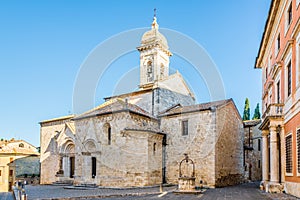 View at the Church of Pieve dei Santi Quirico and Giulitta in San Quirico d Orcia, Italy