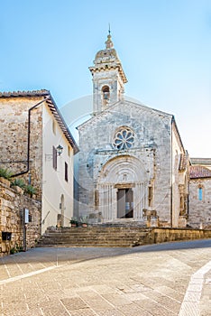View at the Church of Pieve dei Santi Quirico and Giulitta in San Quirico d Orcia, Italy