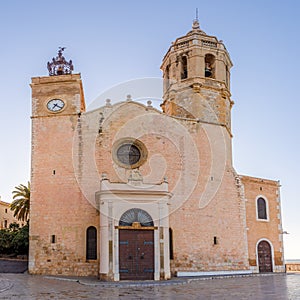 View at the Church of Saint Bartolomeus and Santa Tecla in the streets of Sitges in Spain