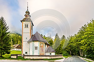 View at the Church of Saint Ghost in Ribcev Laz near Bohinj Lake in Slovenia