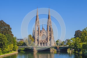 View at the church of Saint Paul with the river Ill in Strasbourg, France