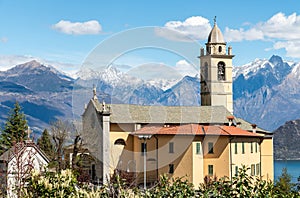 View of the Church of Sant Michele above Lake Como in Vignola, Lombardy, Italy