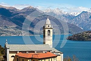 View of the Church of Sant Michele above Lake Como in Vignola, Lombardy, Italy