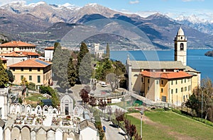 View of the Church of Sant Michele with cemetery, above Lake Como in Vignola, Lombardy, Italy