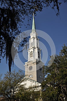 A view of a church spire in historic Savannah.