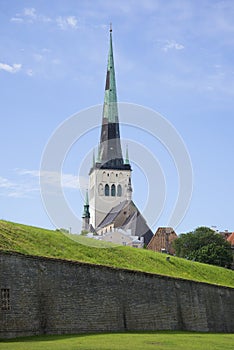 View of the Church spire of St. Olaf Sunny summer day. Tallinn