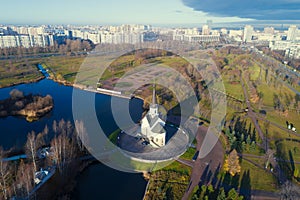 View of the Church of St. George, November morning aerial photography. Saint-Petersburg