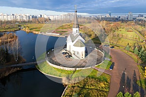 View of the Church of St. George the Victorious, November morning aerial survey. Saint-Petersburg, Rus