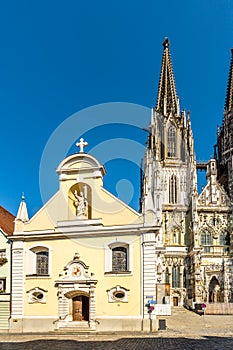 View at the Church of St.Johann with Cathedral tower in Regensburg - Germany