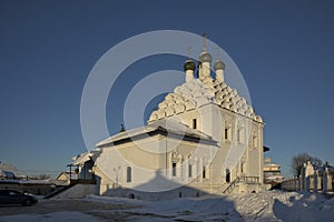 View of Church of St. Nicholas on Posada - Orthodox Old Believers Church at winter day. Architectural style - Russian uzorochie -