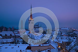 A view of the church of St. Olaf in the gloomy March morning. Tallinn, Estonia