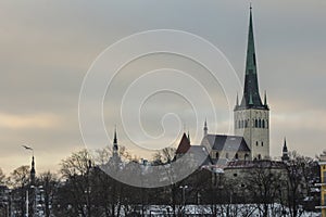 View of the church of st. Olaf on a winter morning in Tallinn. Estonia