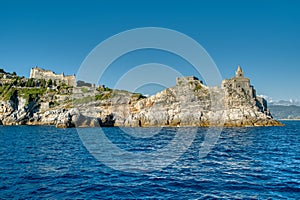 View of Church of St. Peter in Portovenere or Porto Venere town on Ligurian coast. Italy