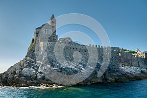 View of Church of St. Peter in Portovenere or Porto Venere town on Ligurian coast. Italy