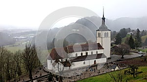 View of the church of St. Theodulus in Gruyeres, Switzerland