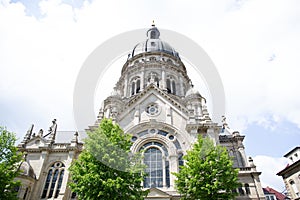 View on a church steeple with historical window in mainz germany