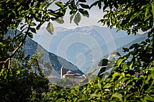 View of the church of Torla de Ordesa in the National Park of Ordesa