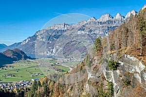 View on the Churfirsten mountain range in Autumn. Charming autumn landscape in Swiss Alps. Switzerland, Europe