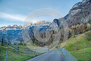 View on the Churfirsten mountain range in Autumn. Charming autumn landscape in Swiss Alps. Switzerland, Europe