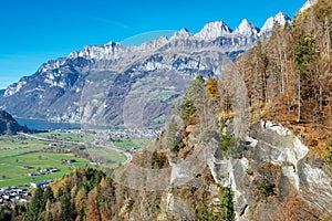 View on the Churfirsten mountain range in Autumn. Charming autumn landscape in Swiss Alps. Switzerland, Europe