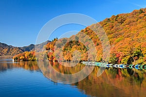 View of Chuzenji lake in autumn season with reflection water in