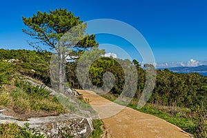 View of the Cies Islands with the beautiful beach of Rodas, in Galicia, Spain. photo