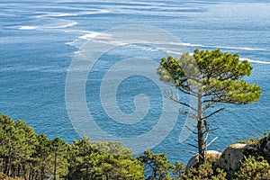 View of the Cies Islands with the beautiful beach of Rodas, in Galicia, Spain. photo