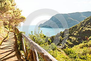 View of cinque terre pathway connecting towns in the national park, with panoramic landscape view of the coastline cliffs and