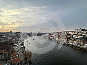 View of the cities Vila Nova de Gaia and Porto and the river Douro during sunset, Porto, Portugal, November 2022