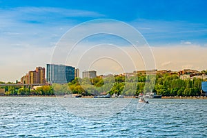 View of the city across the river. Ships on the river. Rostov-on-don