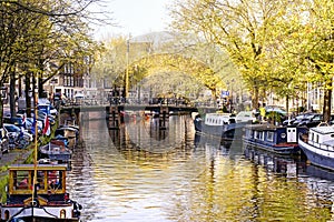 View on the city of Amsterdam, capital of the Netherlands. Canals and canalboats, trees and water