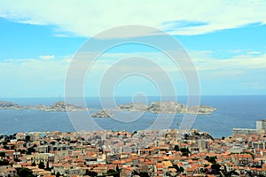 View of the city, the bay and Chateau d`If, Marseille, France