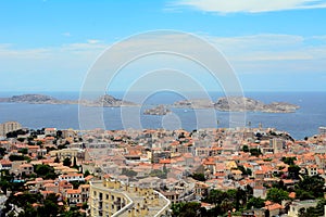 View of the city, the bay and Chateau d`If, Marseille, France