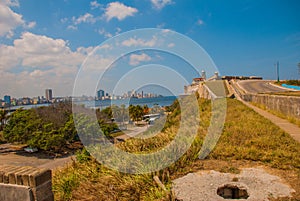 View of the city and the Bay from the fortress Castillo Del Morro lighthouse. Havana. Cuba