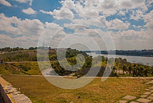 View of the city and the Bay from the fortress Castillo Del Morro lighthouse. Havana. Cuba