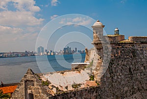 View of the city and the Bay from the fortress Castillo Del Morro lighthouse. Havana. Cuba