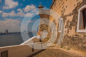 View of the city and the Bay from the fortress Castillo Del Morro lighthouse. Havana. Cuba