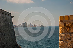 View of the city and the Bay from the fortress Castillo Del Morro lighthouse. Havana. Cuba