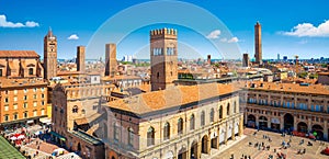 View of the city of Bologna. A city of long street galleries and leaning medieval towers. Italy